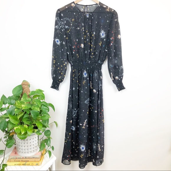 RARE Zara Astrology Midi Dress long sleeve navy dress unlined smocked sleeves - Picture 11 of 12